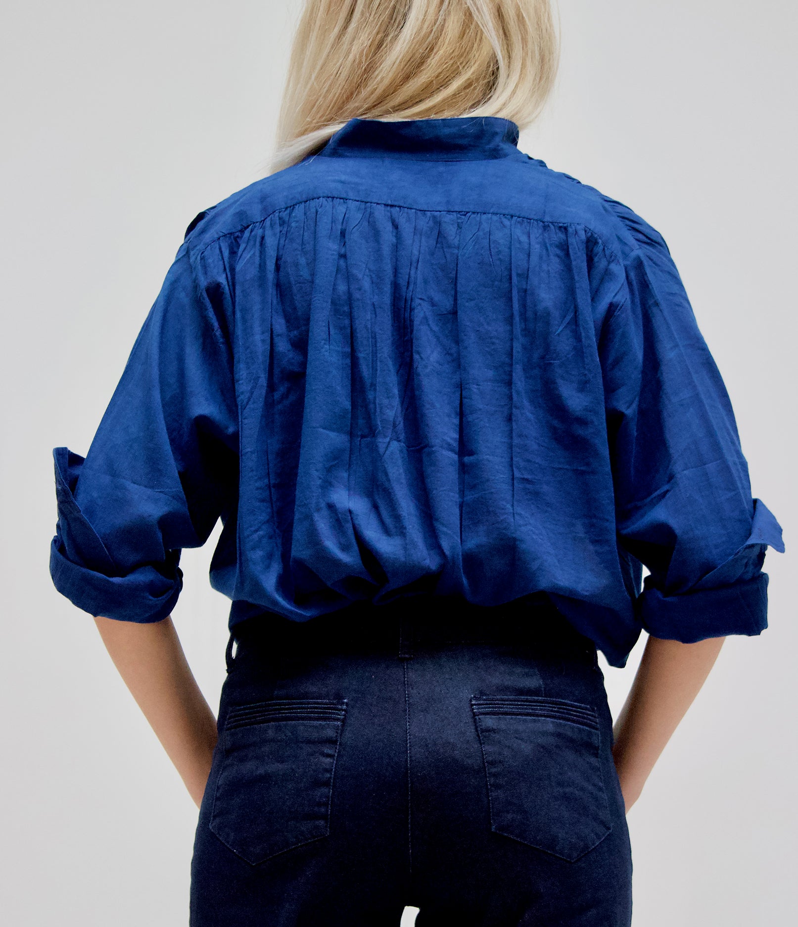 Pintucked Indigo Rinse Stretch Denim Flares